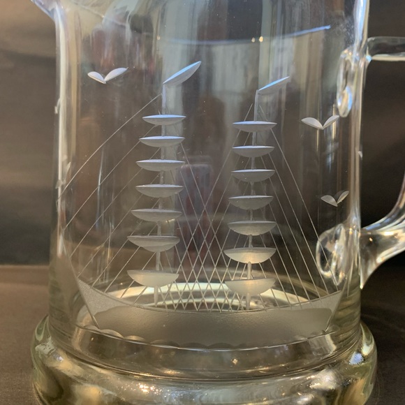 Vintage Clear Glass Pitcher Jug with Etched Ship Sail Boat Design Heavy Sailor - Picture 2 of 7